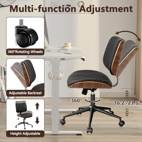 CLATINA Armless Home Office Chair, Desk Chair with Wheels, Adjustable Height Reading Chair, Leather Mid Back & Swivel Computer, Modern Walnut Chairs with Back for Study Meeting Room(Black) 4Pack