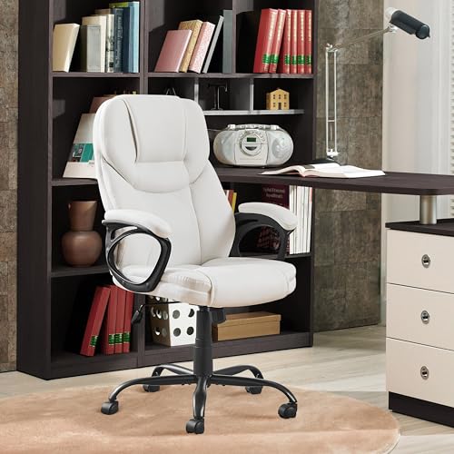 Yaheetech High Back Executive Office Chair Faux Leather Ergonomic Managerial Chair for Meeting Computer Large Seat, Sturdy Metal Base,White