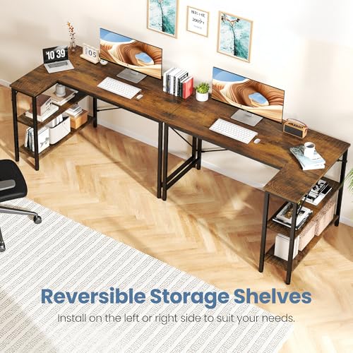 DUMOS L Shaped Desk 55 Inch Computer Desk Gaming Furniture Corner Desks Home Office PC Table with Reversible Storage Shelves for Writing Working Study Bedroom Dorm, Rustic Brown