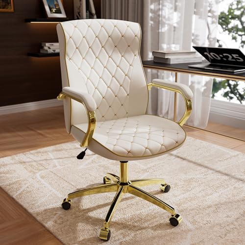 HomeZeer White and Gold Office Chair, Luxury Leather Executive Desk Chair