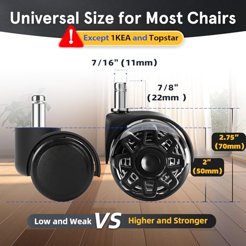 Office Chair Wheels Replacement, 2.5 Inch Heavy Duty Caster Set, for Carpet and Hardwood Floors, Universal Size 11x22mm, Fits 99%, Black