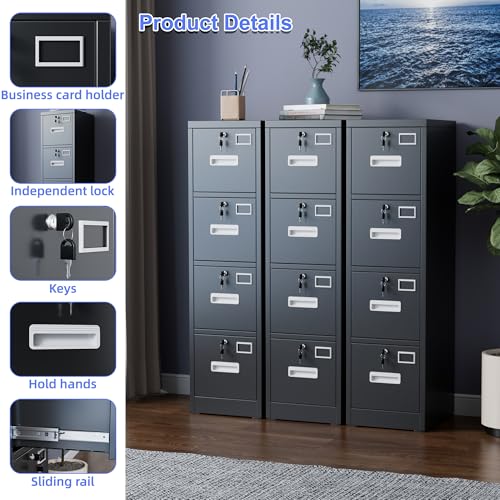 SUXXAN 4 Drawer File Cabinet with Lock and Name Card Slots, Heavy Duty Metal Vertical Filing Cabinet for Home Office for Letter/Legal/A4 Size, 17.72" D x 14.96" W x 55.2" H, Black