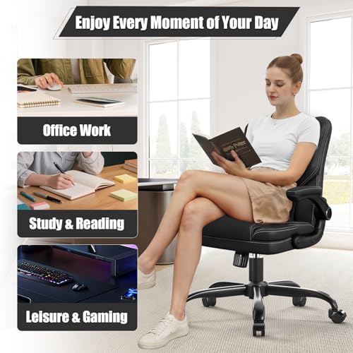 Ergonomic Office Chair with Flip-up Armrests, 300lbs Mid Back Computer Office Desk Chair with Lumbar Support, Executive Leather Chair with Rocking Function Adjustable Height for Home Office