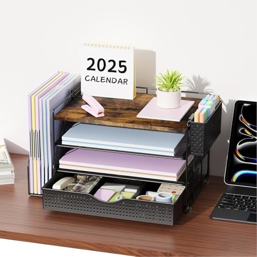 gianotter Wood Desk Organizers and Accessories with File Sorters, 4-Tier Desk Accessories & Workspace Organizers with Drawer and Pen Holder, Desk Reference Organizer (Wood, 4T with Drawer)