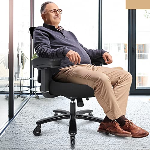 Coolka 500LBS Big and Tall Office Chair with 4D Armrests & Adjustable Backrest, Heavy Duty Office Chair for Heavy People, Memory Foam Seat Filling Springs, Black