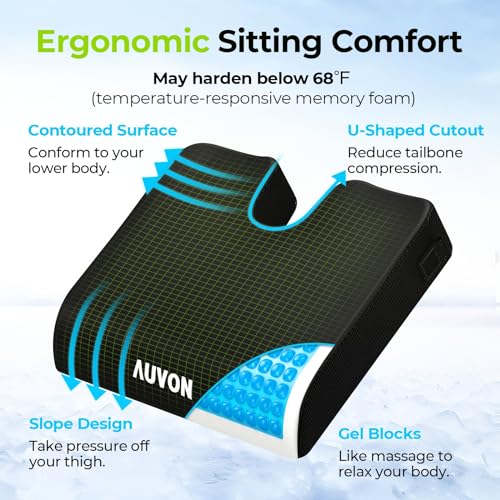 AUVON Gel Wheelchair Seat Cushion with Waterproof Cover for Pressure Sore & Ulcer, Ergonomic Chair Cushion with U-Cutout for Tailbone Pain, Back Pain Relief, Memory Foam Wheelchair Cushion, Anti-Slip