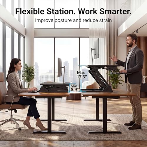 HUANUO 36" Z Shaped Stable Standing Desk Converter, Height Adjustable Sit Stand Up Desk Riser, Dual Monitor and Laptop Workstation with Wide Keyboard Tray, Desk Lifter for Home Office,Black