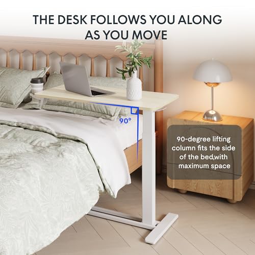 FLEXISPOT H7 Adjustable Overbed Bedside Table with Wheels Pneumatic Mobile Standing Desk Laptop Desk Rolling Computer Cart Movable Overbed Table Hospital Home Use(31.5" W x 17.7" D, White Wood Grain)