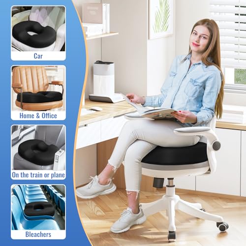 Donut Pillow Stadium Seat Cushion for Tailbone Pain Relief and Hemorrhoids, Memory Foam Seat Chair Cushion for Postpartum Pregnancy, Portable Seat Cushions for Bleachers, Car, Home & Office, Black
