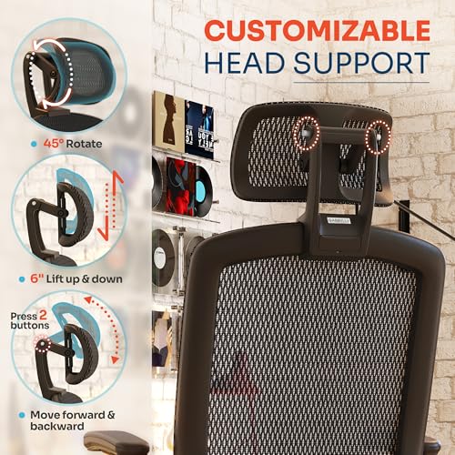 GABRYLLY Ergonomic Office Chair, High Back Home Desk Chair with Headrest, Flip-Up Arms, 90-120° Tilt Lock and Wide Cushion, Big and Tall Mesh Chairs for Man Woman, Black Task Chair(Dark Woodgrain)