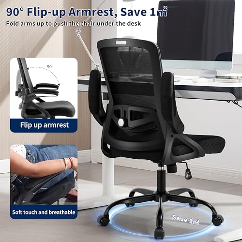 Nexthro Ergonomic Office Chair, Desk Chair with Adjustable Lumbar Support, Breathable Mesh Comfy Computer Chairs with Flip-up Armrests Executive Task Chair for Adults Home Office(Black)