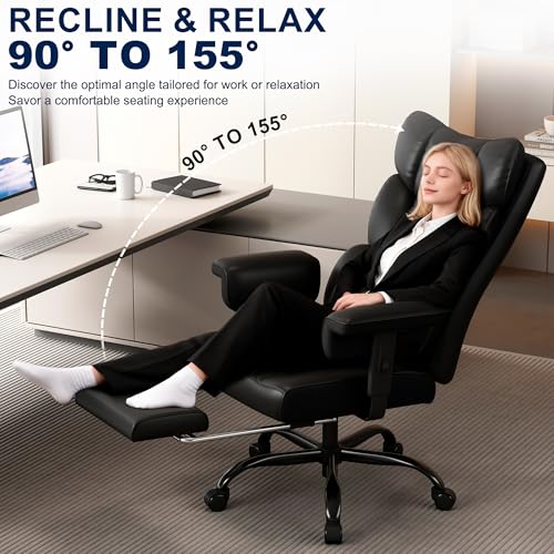Misolant Big and Tall Office Chair with Footrest, High Back Executive Desk Chair with Adjustable Lift Armrest, 155°Recline，Lumbar Support Pillow, Faux Leather Gaming Chairs for Home or Office Black
