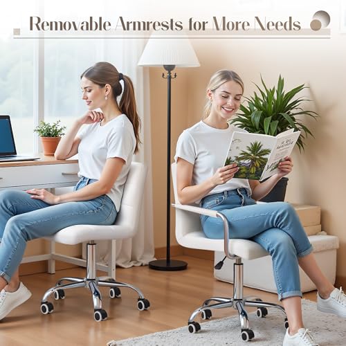 Furmax Vanity Office Chair with Wheels, Makeup PU Leather Executive Chair Modern Adjustable Home Desk Retro Comfortable Work Chair 360 Degree Swivel with Arms (White)