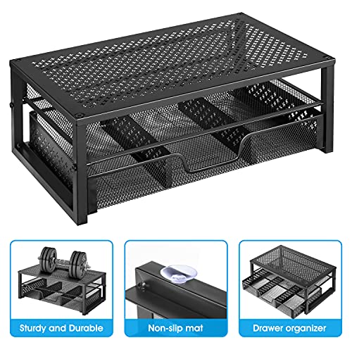 Simple Trending Metal Monitor Stand Riser and Computer Desk Organizer with Drawer for Laptop, Computer, iMac, Black
