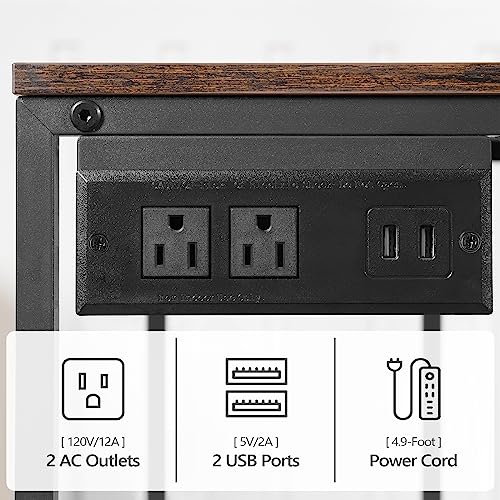 MAHANCRIS Mobile Printer Stand, 3-Tier Industrial Printer Cart with Power Outlets and 2 USB Ports, Rolling Printer Table on Wheels for Home Offices Kitchen Organization Rack, Rustic Brown PTHR78E01