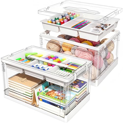 24QT 2Packs Clear Craft Organizers and Storage with Trays, Art Supply Organizer and Storage, Craft Storage Box with Lid for Beads, Markers, Coloring Books, Sewing, Playdoh and Tools Transparent
