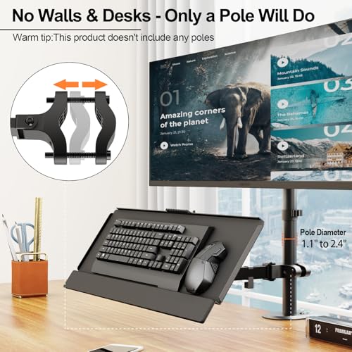 PUTORSEN Keyboard Tray Pole Mount - Keyboard & Mouse Mount fits Most Standard and Oversized Keyboards, Tilt & Rotation, Holds up to 2.2lbs, Black