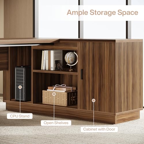 Tribesigns 70.8-Inch Executive Desk, L-Shaped Desk with with File Cabinet, Large Modern Office Desk with Storage Shelves, Fluted Business Furniture Workstation for Home Office, Walnut Brown