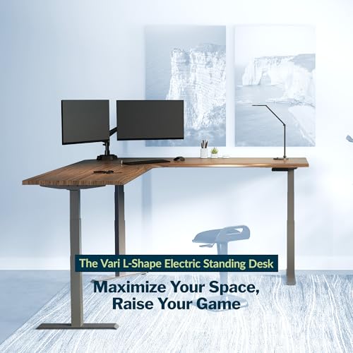 Vari ComfortEdge 80x80 L-Shape Electric Standing Desk – Height Adjustable Sit-Stand VariDesk for Corner Office with Reversible Left/Right Design + Walnut Top/Slate Legs (Ships in 3 Boxes)