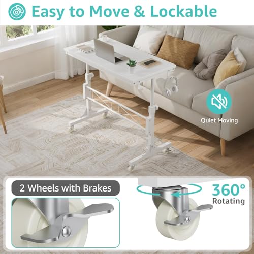 WINAZ Small Portable Treadmill Walking Pad Desk on Wheels, 32 Inch White Adjustable Height Mobile Rolling Standing Teacher Desks, Couch Sofa Side Laptop Stand Up Table for Bedroom, White