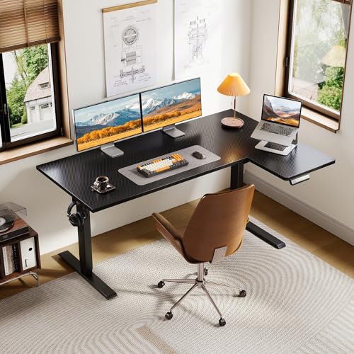 OffiGo Electric L Shaped Standing Desk, 55 Inches Height Adjustable Table, Reversiable Corner Stand Up Desk, Lifting Computer Table for Home Office, Computer Workstation, Carbon Fiber Black