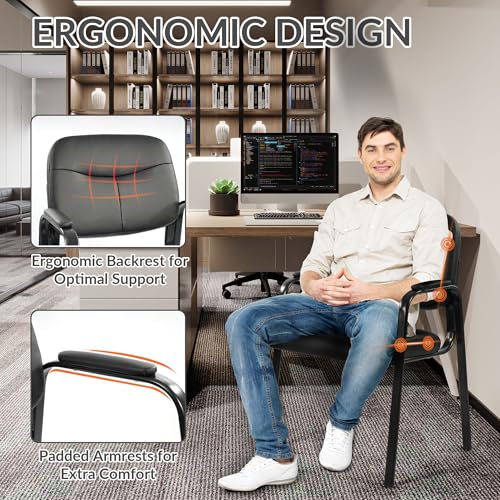 Elevon Waiting Room Chairs No Wheels Set of 4, Leather Stationary Office Reception Guest Chair with Padded Arms for Elderly Desk Conference Room Lobby Table Side Salon