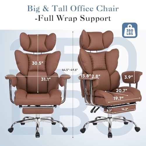 Big and Tall Office Chair 350 LBS, Scratch-Resistant PU Leather Executive Office Desk Chair with Footrest, Ergonomic Reclining Computer Chair with Pocket Spring Support for Home Office, Brown