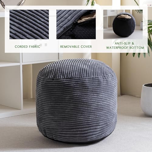 HIGOGOGO Round Stuffed Pouf Ottoman, Corduroy Poufs with Foam Chunk Filling, Furry and Fluffy Pouf Foot Stool Storage Ottoman, 20 X 15 Floor Poufs Foot Rest for Living Room, Dark Grey