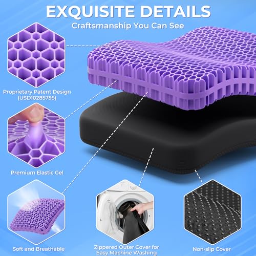 TushGuard Gel Seat Cushion for Long Sitting, Enlarged & Thickened Patent Design, Breathable Cooling for Office Chair, Soft Car Seat Cushion for Wheelchair (Standard, Black)