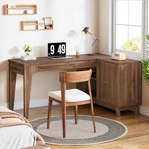 Tribesigns L-Shaped Desk with Storage Cabinet, 57-Inch Wood Corner Workstation, Home Office Computer Desk, Study Writing Table for Bedroom, Walnut