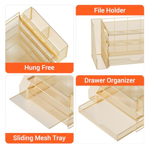 OPNICE Desk Organizers and Accessories, 4-Tier Office Desk Accessories & Workspace Organizers with Drawer and Pen Holder, Desktop Paper Tray File Organizer for Home Office Supplies, Gold