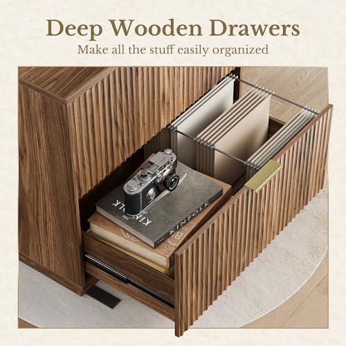 Perledesign 2 Drawer Fluted File Cabinet, 32'' Lateral File Cabinet for Legal/Letter/A4/F4 Size Hanging Files, Wood File Storage for Home Office, Black Walnut