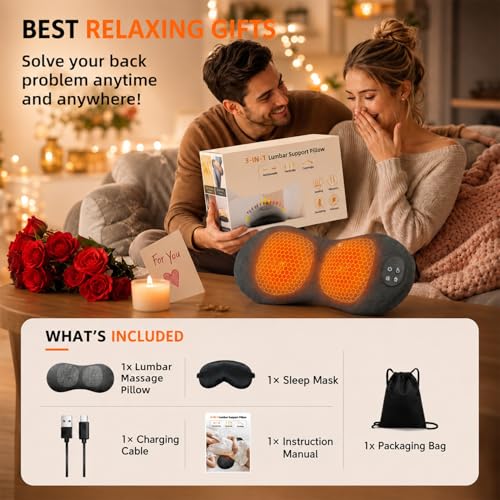 Upgraded Cordless Lumbar Support Pillow for Pain Relief Deep Tissue, 3-in-1 Heated Lower Back Massager Pillow with 3000mAh Battery, Heat, Massage, Electric Stretch, Back Support Pillow for Chair Car