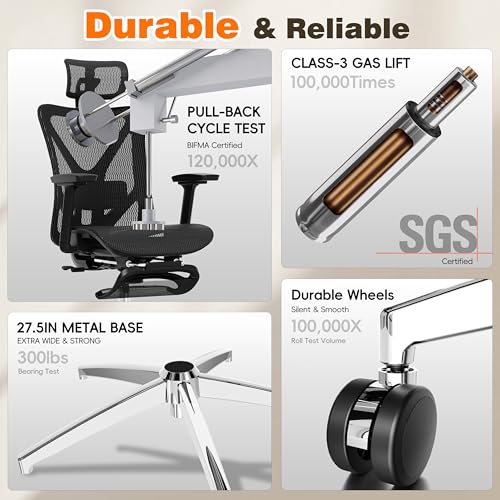 GABRYLLY Ergonomic Office Chair with Footrest, 135° Reclining Desk Chair with Adjustable Lumbar Support,3D Armrest,Headrest & Large Steel Base, 300LBS Heavy Duty Mesh Chair