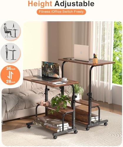 QZMDSM Portable Rolling Desk on Wheels Adjustable Height Desks for Small Spaces, 32" Computer Desk Drafting Tables with Storage Shelves for Home Office Rustic