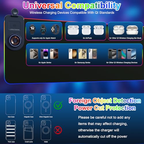 HAUTOCO Wireless Charging Mouse Pad 15W RGB Gaming Mousepad Waterproof Desk Mat with Phone Holder 35.4''x11.8'' Extra Large Desk Pad Non-Slip Base Computer Keyboard Mat for PC Laptop, Black