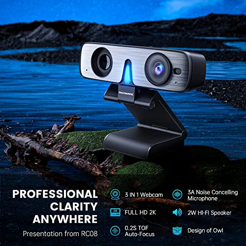 ROCWARE RC08 2K Webcam with Speaker, Webcam for PC, HD Web Cam with Noise Reduction Mic/Harman Speaker/4X Eptz/Privacy Cover/0.2S Auto-Focus/Low Illumination, Computer Camera for Zoom/Teams/Meeting