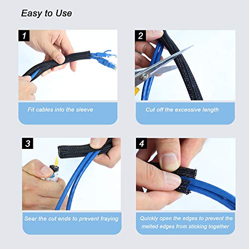 CrocSee 10ft - 1/2 inch Braided Cable Management Sleeve Cord Protector - Self-Wrapping Split Wire Loom for TV/Computer/Home Theater/Engine Bay - Black
