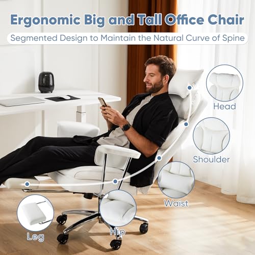 DUMOS Home Office Desk Executive Chair - Ergonomic Big Tall High Back with Footrest & Lumbar Support, Reclining Height Adjustable, Comfy PU Leather Computer Gaming with Swivel Wheels, White