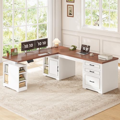 SEDETA Farmhouse L Shaped Electric Standing Desk, 63" x 67" Height Adjustable Home Office Executive Desk with Drawers, Standing Computer Desks with Power Outlet for Home Office, White+Brown