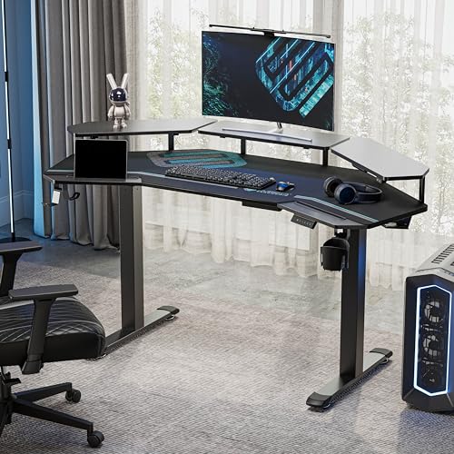 EUREKA ERGONOMIC Gaming Desk Adjustable Height Standing Desk 63" Wing Shaped Music Studio Table Workstation w Full Coverage Mousepad, 3 Stands, Dual Headphone/Cup Holder, Ipad-Slot