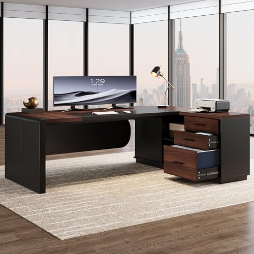 Tribesigns 81'' L-Shaped Executive Desk, Large Modern Office Desk with Drawers and File Cabinet for Home or Business Workspace, Computer Desk with Storage Shelves, Walnut & Black