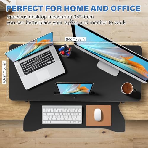 37" Height Adjustable Standing Desk Converter, Two Monitor Stable Stand up Desk Converter, 5.9"-18.8" Height Adjustable Laptop Workstation with Keyboard Tray, Desktop Riser for Home and Company