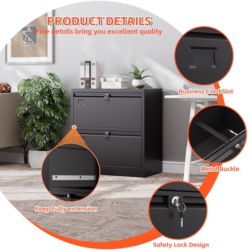 METAN 2 Drawer Lateral File Cabinet with Lock, Black Metal Lateral Filing Cabinet for Home Office, Steel Wide Filing Cabinet Legal/Letter/A4, 28.82" W x 15.75" D x 30.24" H, Assembly Required