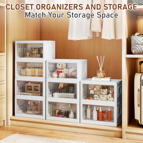 4 Tier Storage Bins with Lids, 23QT Stackable Closet Organizers and Storage with Wheels, Collapsible Storage Boxes, Foldable Plastic Storage Containers for Home,Office, Dorm Room-White