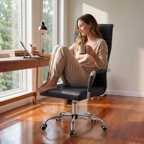 Furmax Ribbed Office Chair High Back PU Leather Executive Conference Chair Adjustable Swivel Chair with Arms, Black