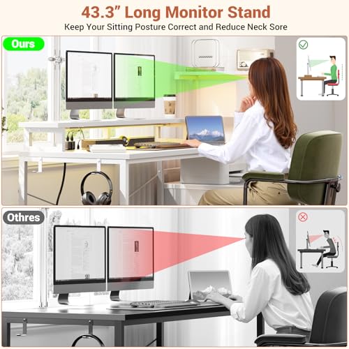 Aheaplus Gaming Desk with LED Strip & Power Outlet, 59Inch Reversible Computer Desk with Monitor Stand & Storage Shelves, Home Office Desks with Fabric File Drawer, Gamer Table PC Desk, White