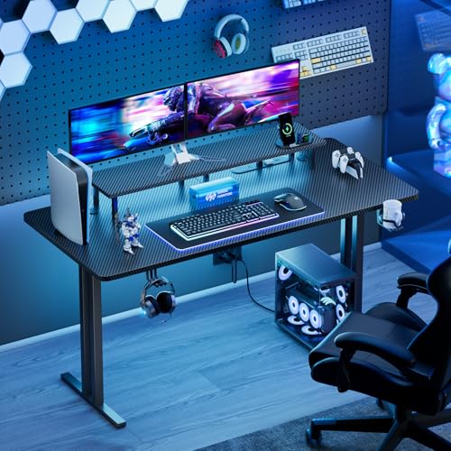HLDIRECT 47 Inch Gaming Desk with 5 Sockets & LED Lights, Computer Gamer Desk with Monitor Stand, Ergonomic Carbon Fiber Gaming Table Home Office Desk with Cup Holder, Headphone Hook & Mouse Pad