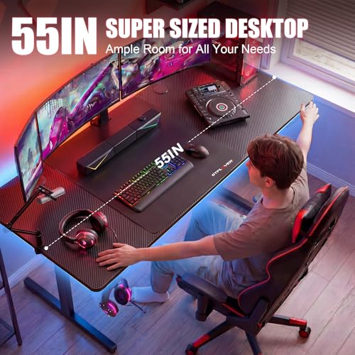 GTPLAYER 55 Inch Gaming Desk with LED Lights, Large Computer Desk with Mouse Pad for Home Office, T-Shaped Carbon Fibre Surface PC Game Workstations with Headphone Hook