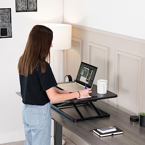 VIVO Ultra-Slim Single Top Height Adjustable Standing Desk Riser, Compact Sit Stand Desktop Converter for Monitor or Laptop, Black, DESK-V001J